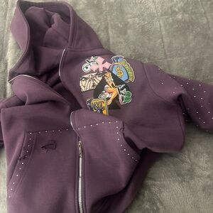 Size small but run large, Custom purple hoodie with rhinestones and patchwork